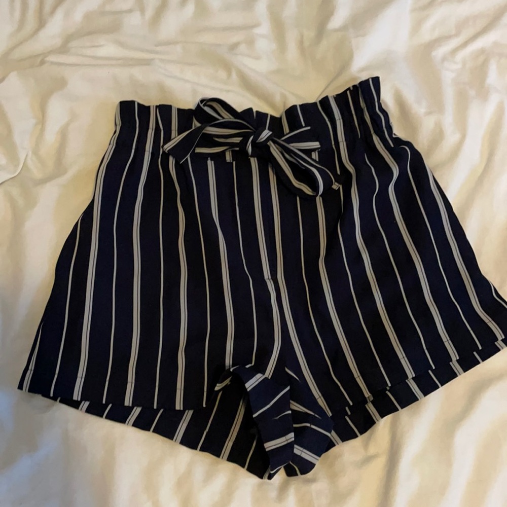 blue and white paperbag/elastic waist shorts